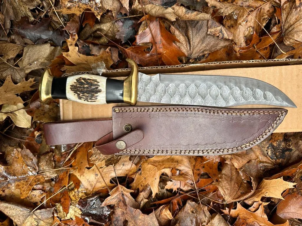 17" Handcrafted Damascus Steel Outdoor Bowie Knife with Stag Crown & Bull Horn Handle