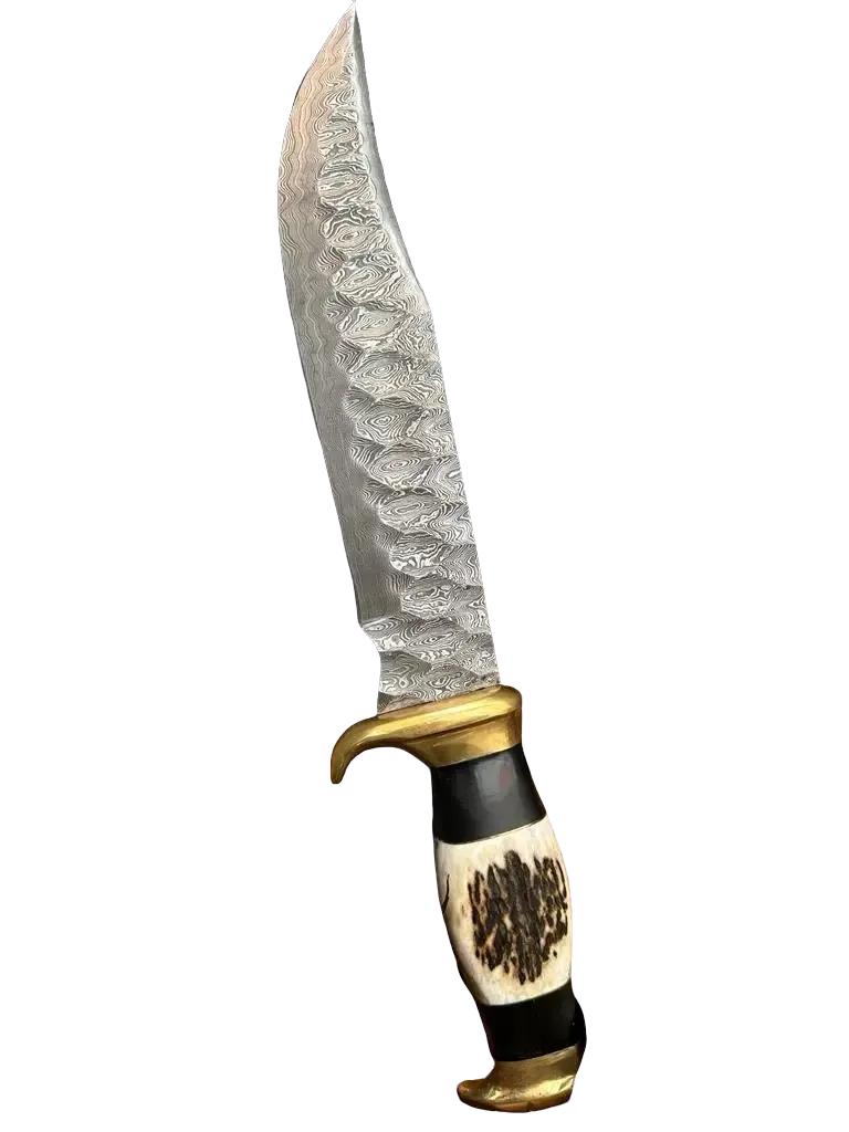 17" Handcrafted Damascus Steel Outdoor Bowie Knife with Stag Crown & Bull Horn Handle