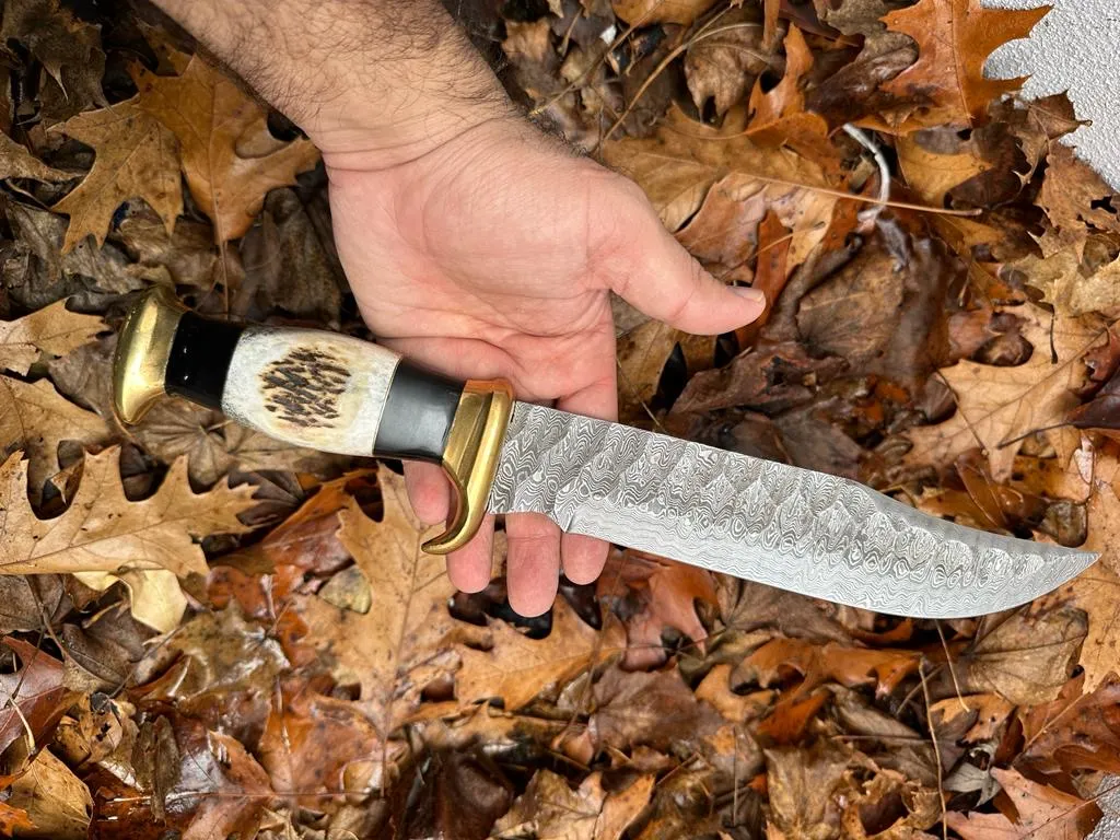 17" Handcrafted Damascus Steel Outdoor Bowie Knife with Stag Crown & Bull Horn Handle