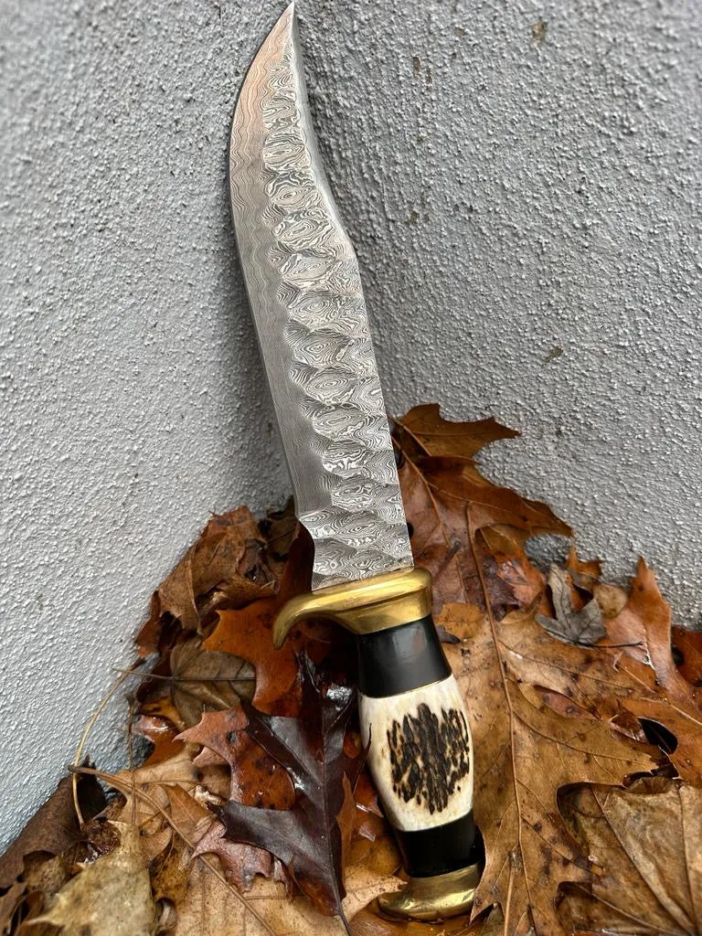 17" Handcrafted Damascus Steel Outdoor Bowie Knife with Stag Crown & Bull Horn Handle