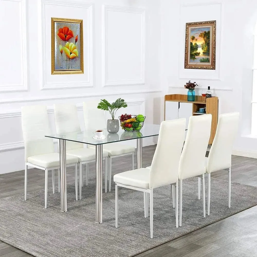 7-Piece Modern Glass Dining Table with 6 Faux Leather High Back Chairs