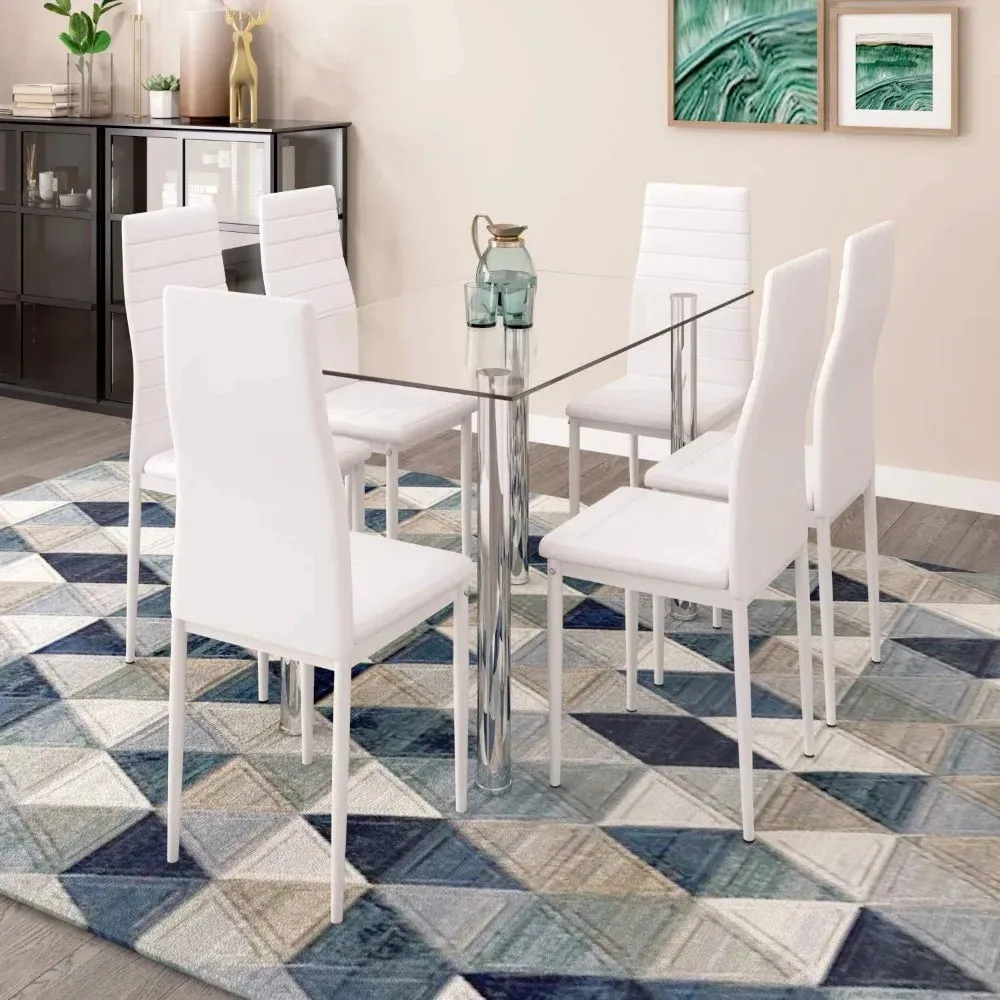 7-Piece Modern Glass Dining Table with 6 Faux Leather High Back Chairs