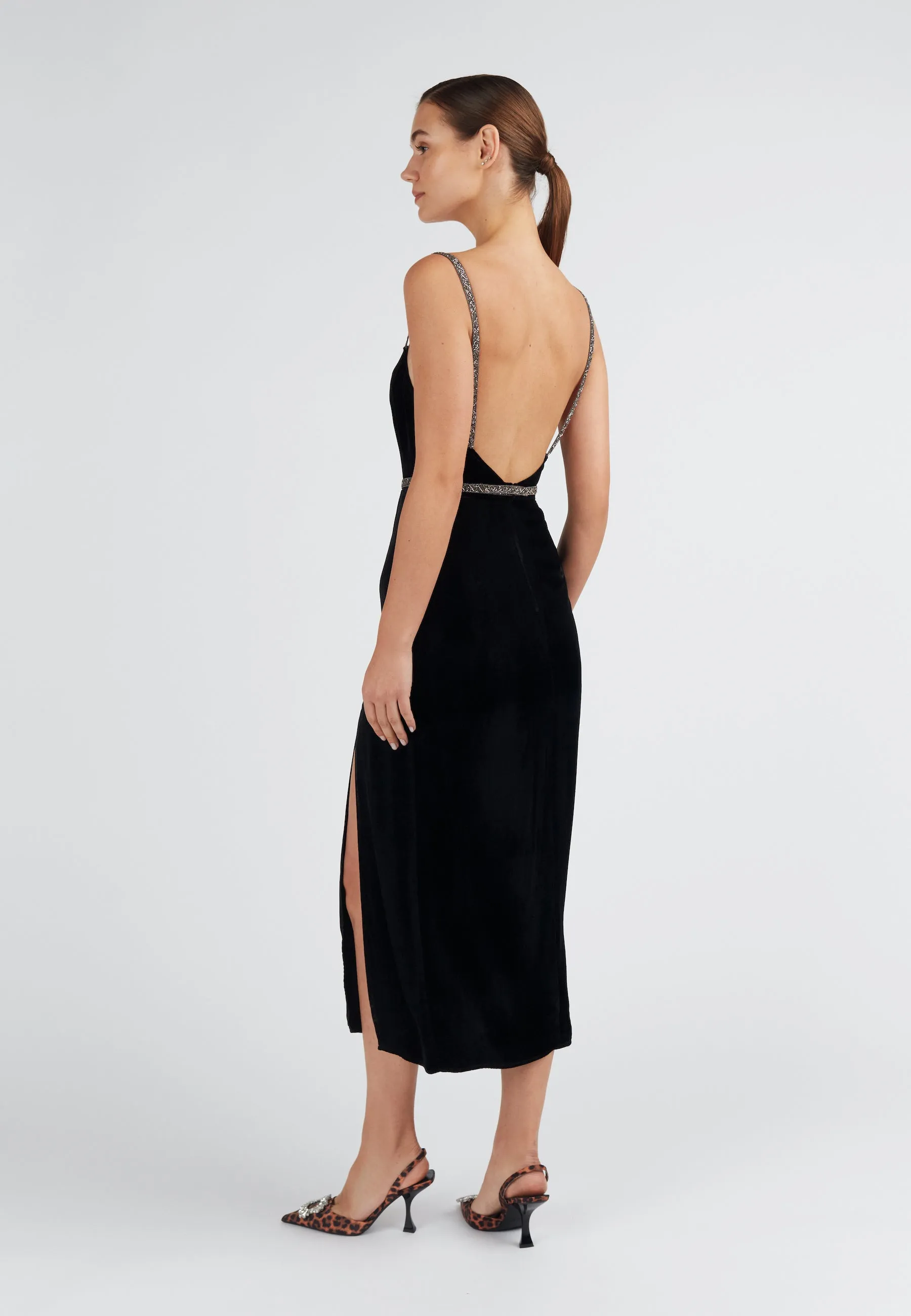 AMYA black silk velvet midi dress