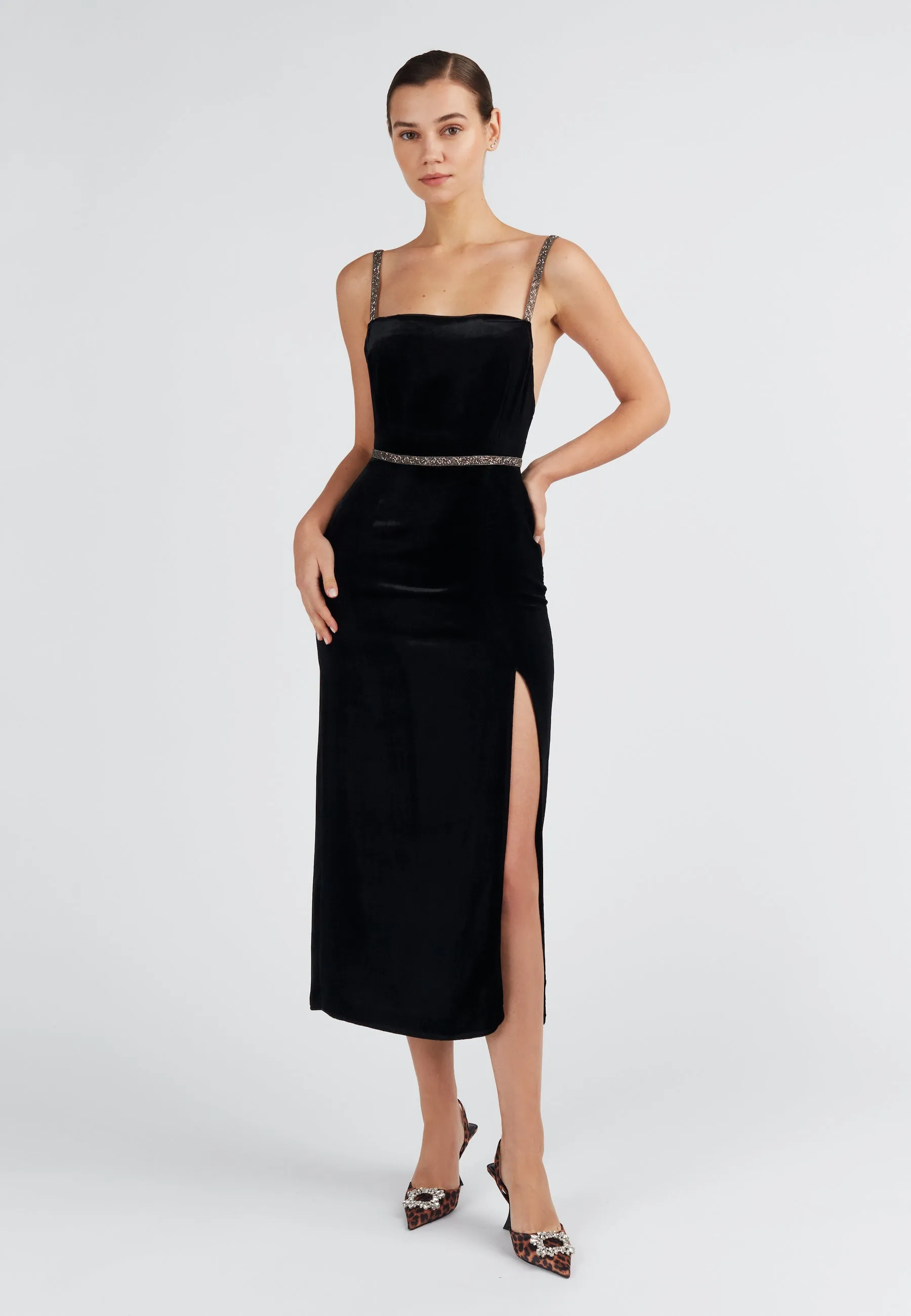 AMYA black silk velvet midi dress