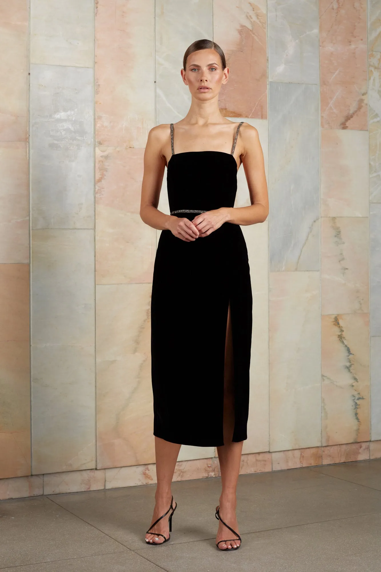 AMYA black silk velvet midi dress