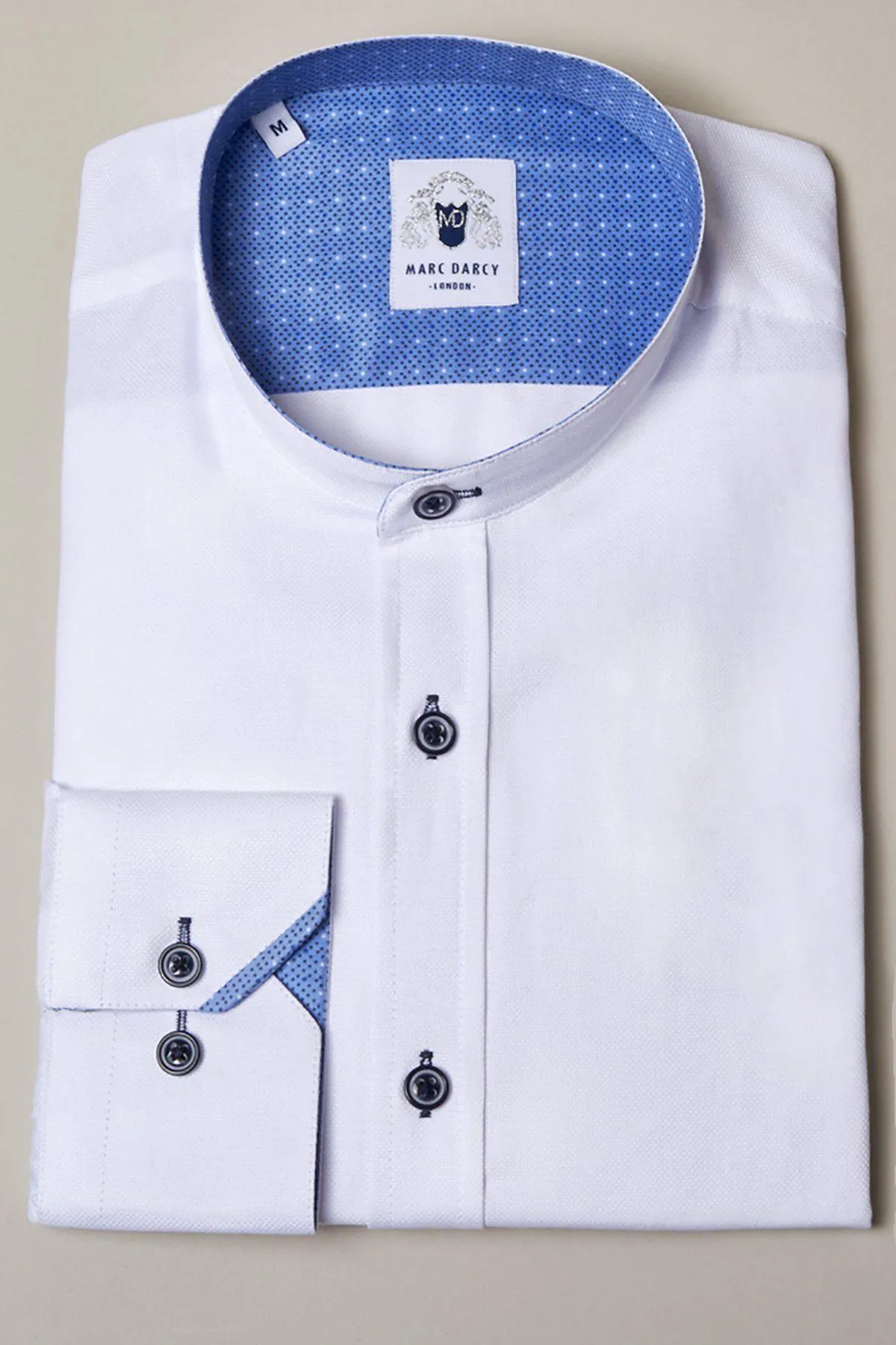 ARCHIE - White Grandad Collar Shirt With Navy Buttons