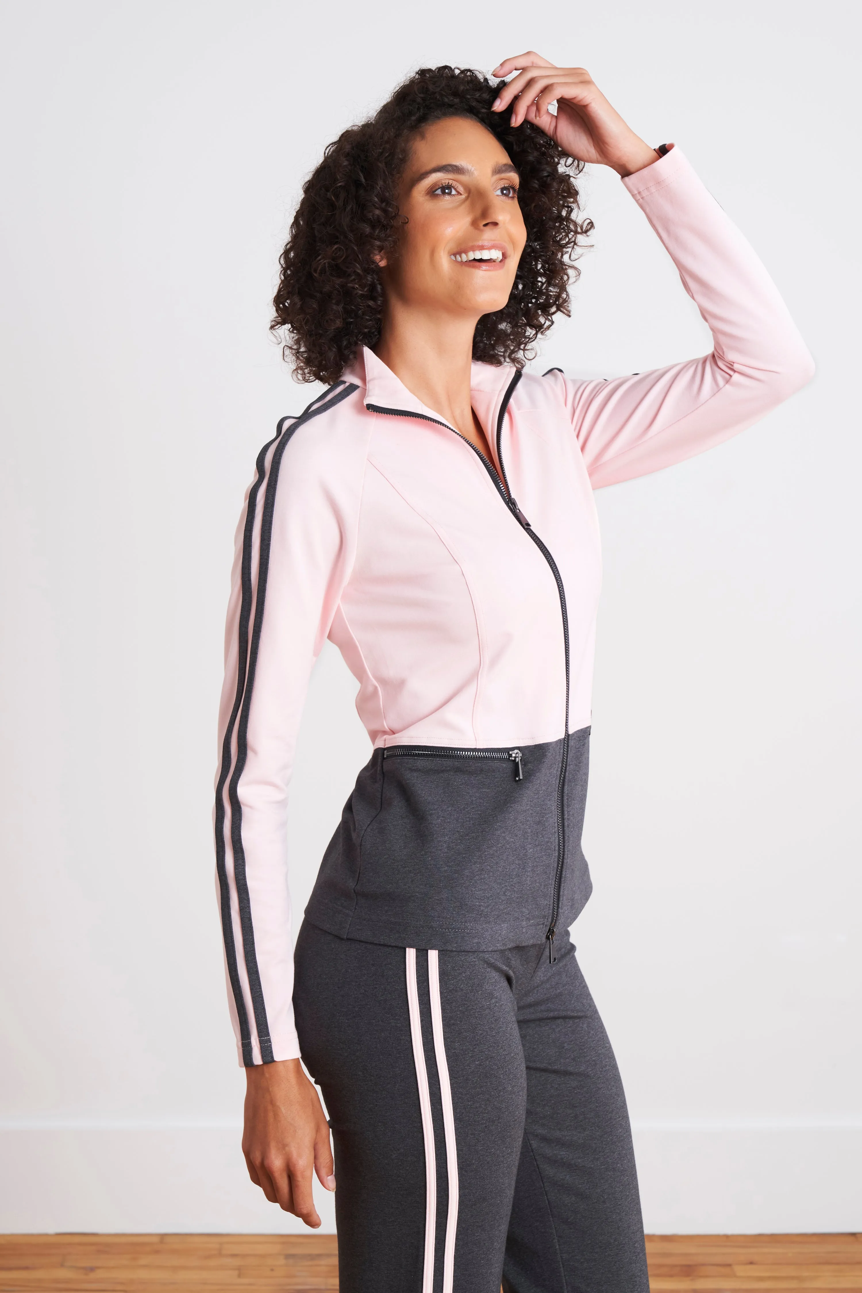 Athleisure Warm Up Suits Color Block Racer Stripe 2 PC Set (Blush Pink/Charcoal)