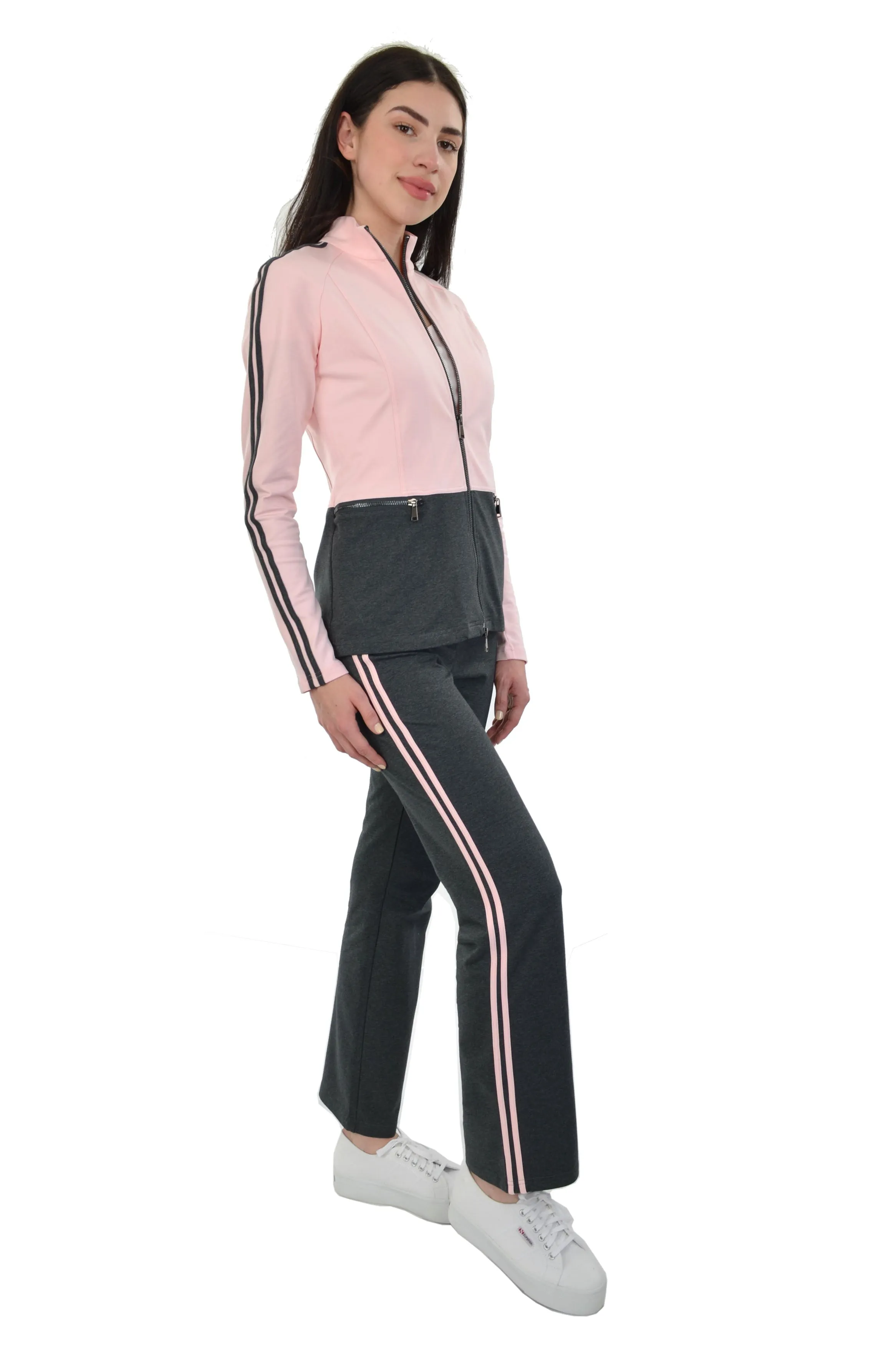 Athleisure Warm Up Suits Color Block Racer Stripe 2 PC Set (Blush Pink/Charcoal)