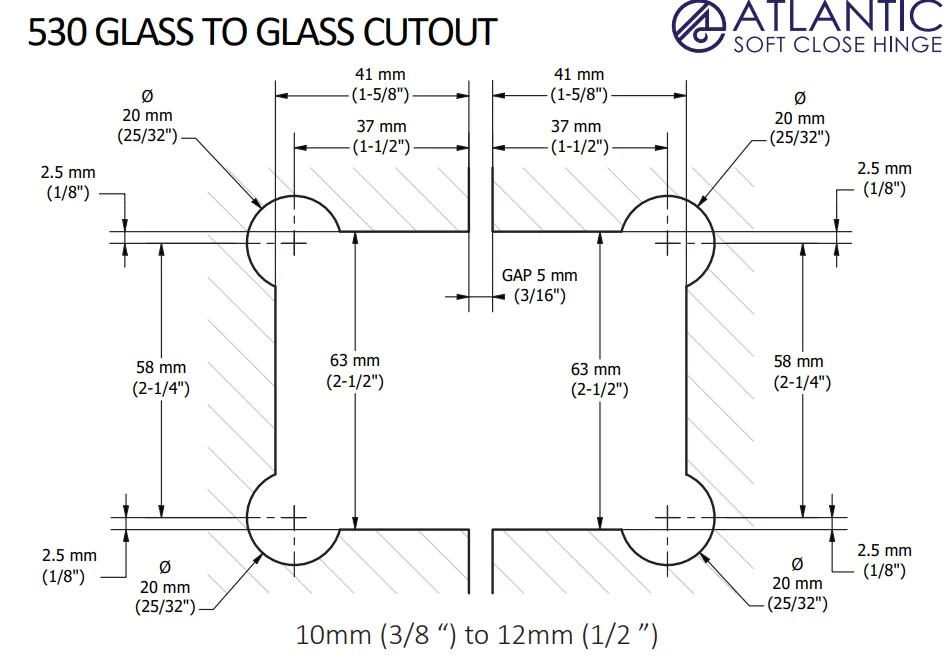 Atlantic 530 Soft Close Hinge, Glass Pool Fence Hinge, Suits Polaris cutouts.