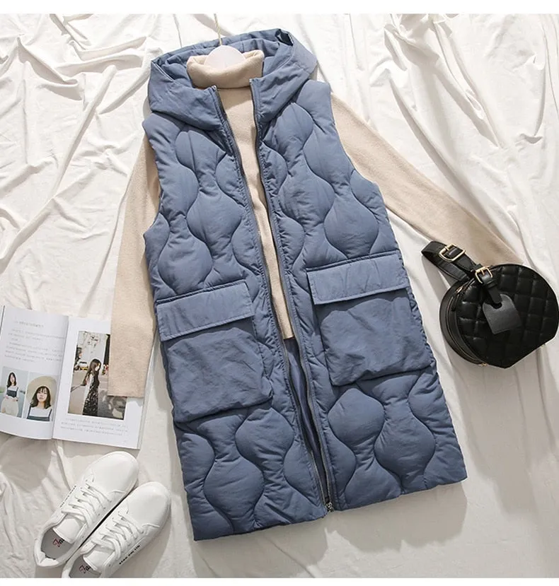 Autumn winter new long paragraph over the knee hooded cotton vest female Slim sleeveless down womens vests winter waistcoat