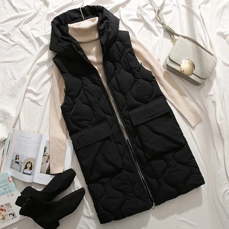 Autumn winter new long paragraph over the knee hooded cotton vest female Slim sleeveless down womens vests winter waistcoat