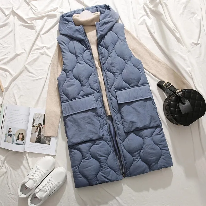 Autumn winter new long paragraph over the knee hooded cotton vest female Slim sleeveless down womens vests winter waistcoat