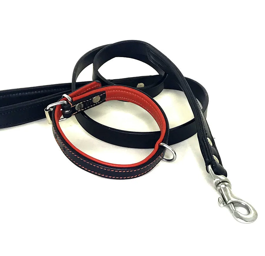 Black & Red Double Leather Collar & Leash, 14”-16.5”