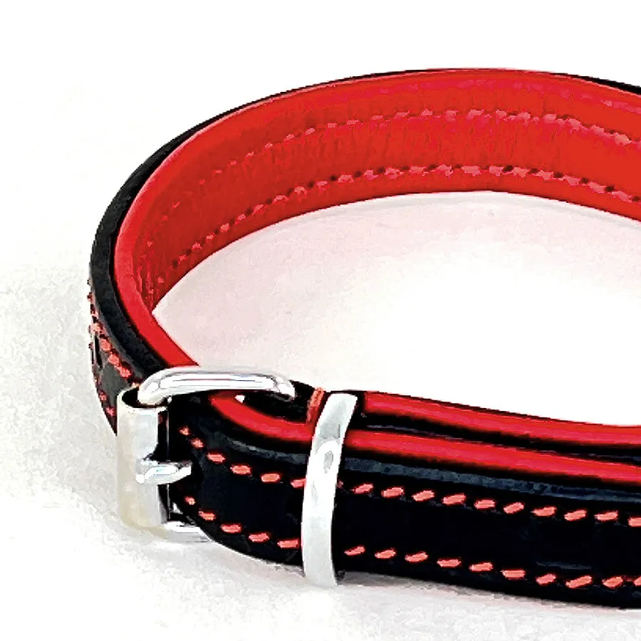 Black & Red Double Leather Collar & Leash, 14”-16.5”