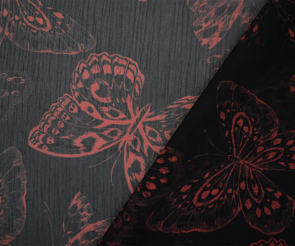 Black-Red Butterfly Printed Yoryu Chiffon Woven Fabric