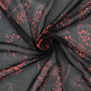 Black-Red Butterfly Printed Yoryu Chiffon Woven Fabric