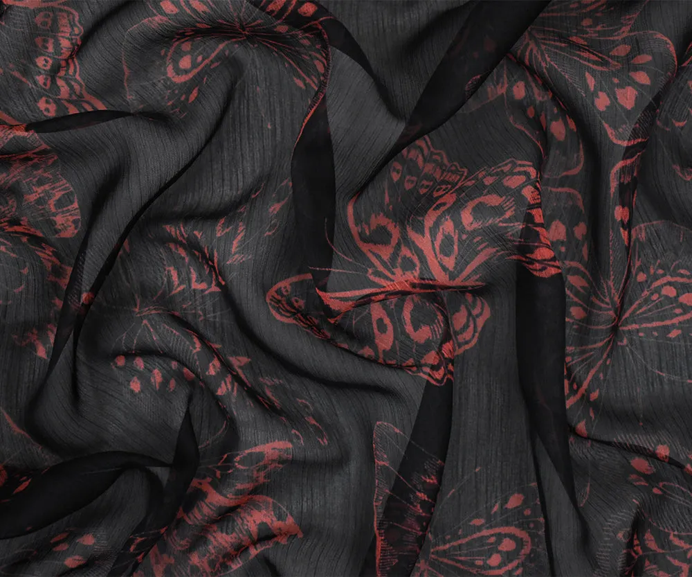 Black-Red Butterfly Printed Yoryu Chiffon Woven Fabric