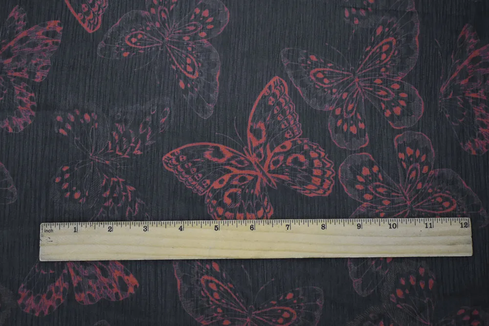 Black-Red Butterfly Printed Yoryu Chiffon Woven Fabric