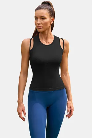 Black Round Neck Double Strap Seamless Navel Top Fitness Tank Top