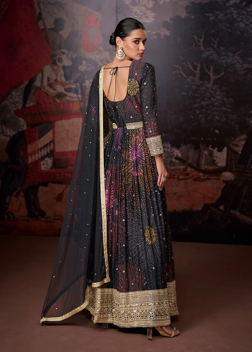 Blue Black Printed & Embroidered Wedding Anarkali Dress