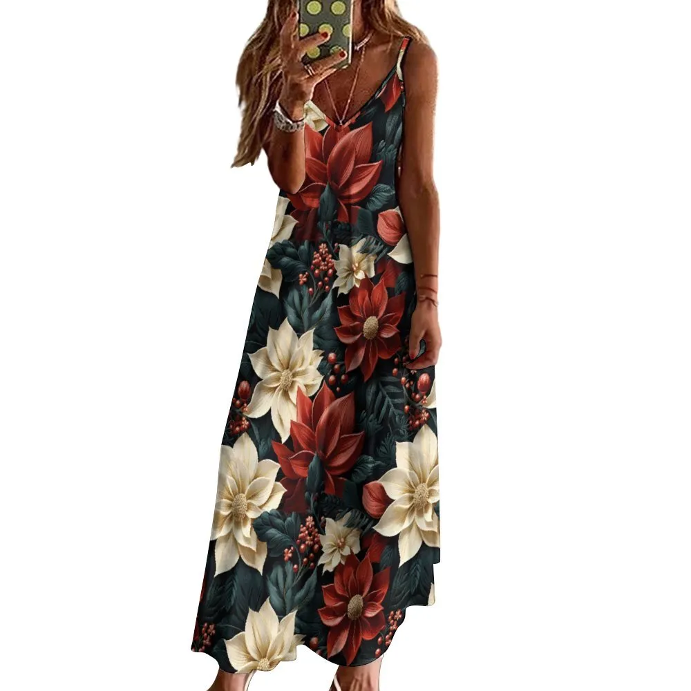 Christmas Poinsettia Spaghetti Strap Ankle-Length Dress Long dress