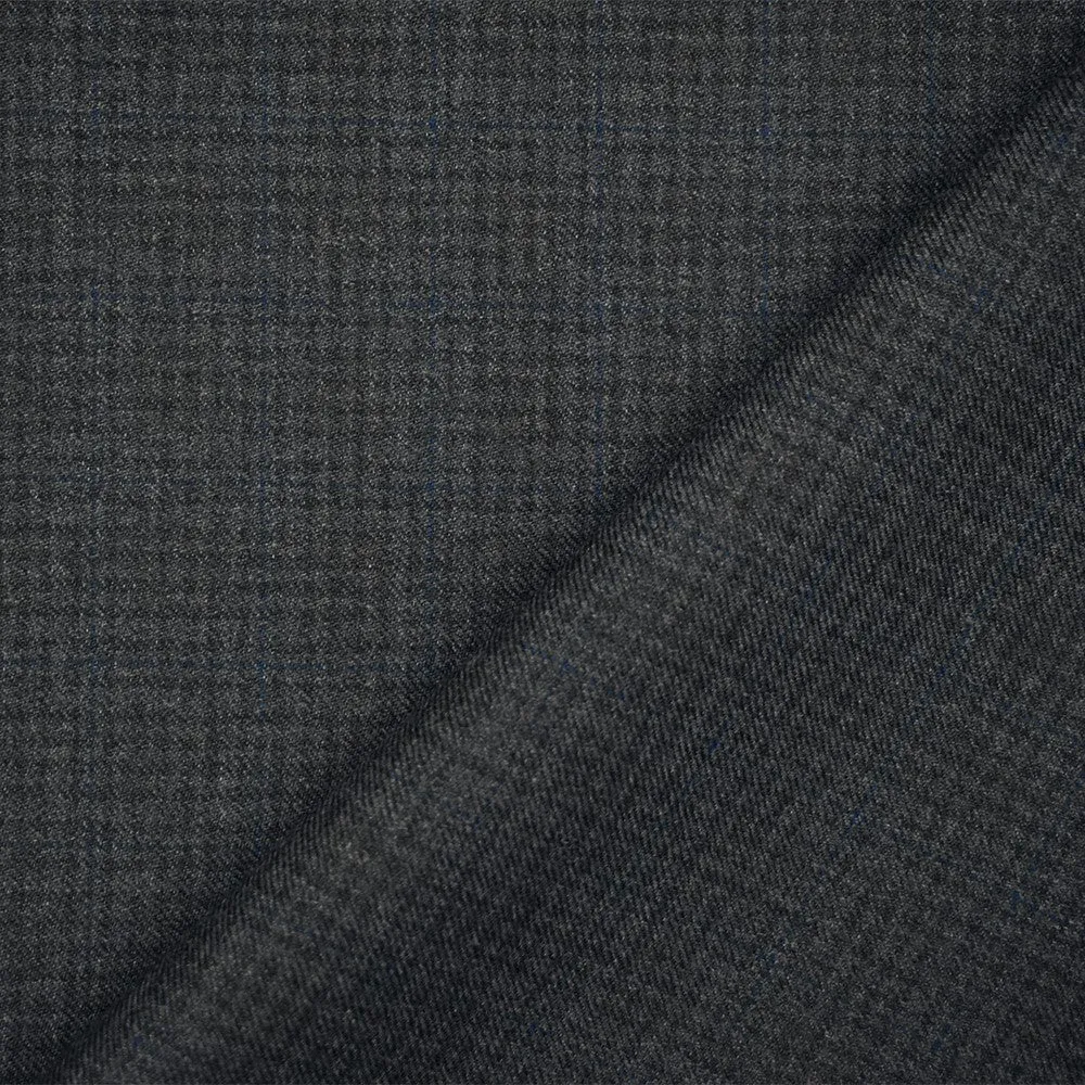 Gray-Black-Blue Wool Polyester Check Twill Plaid Suiting Woven Fabric