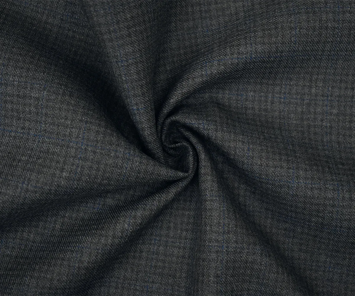 Gray-Black-Blue Wool Polyester Check Twill Plaid Suiting Woven Fabric