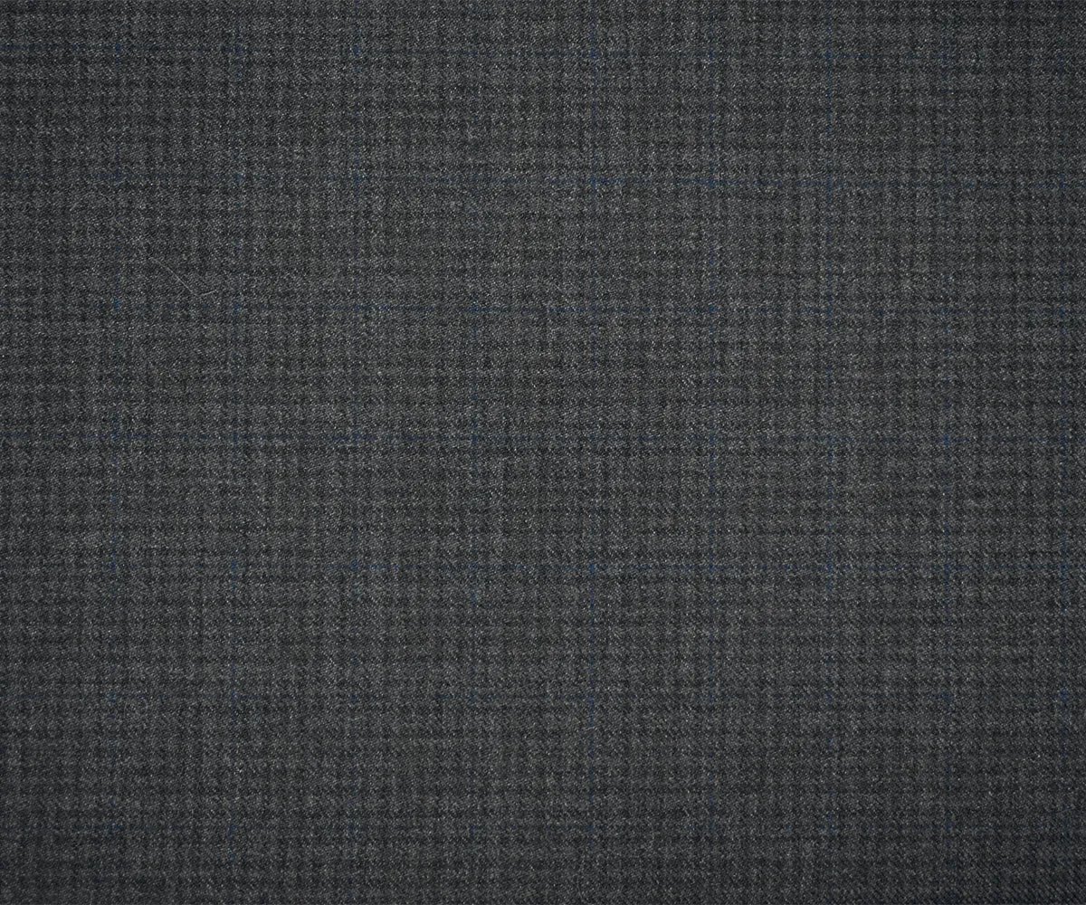 Gray-Black-Blue Wool Polyester Check Twill Plaid Suiting Woven Fabric