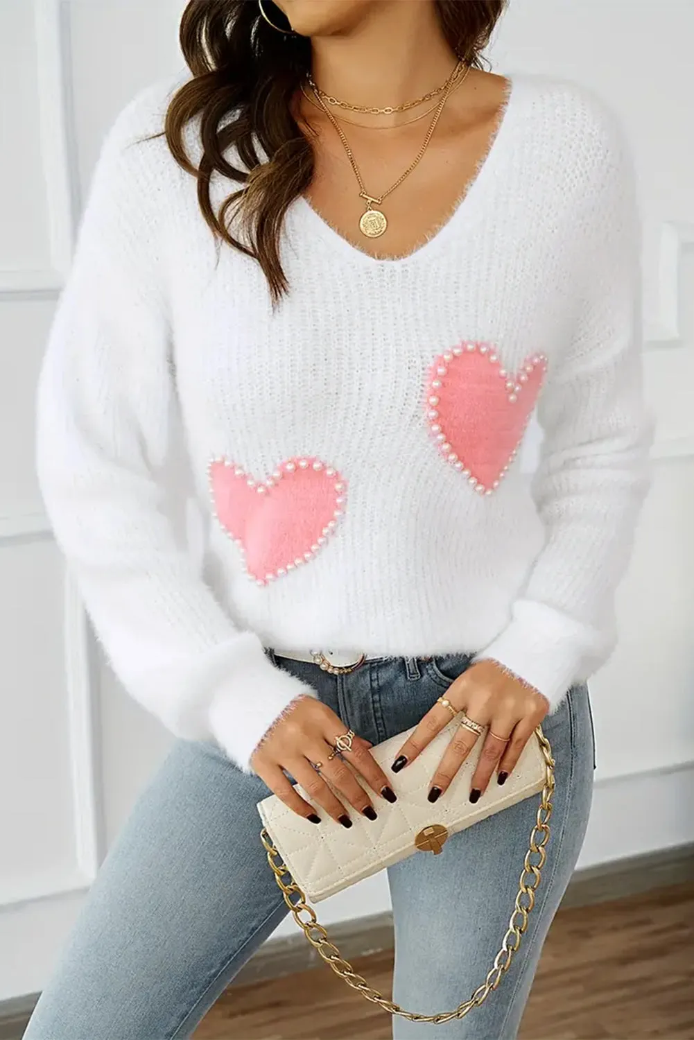 Heart V-Neck Long Sleeve Sweater