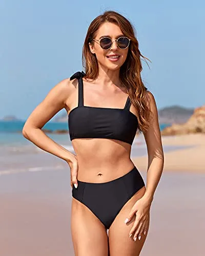 High Waisted Bikini Set With Bandeau Top And Cheeky Swim Bottoms For Women-Black