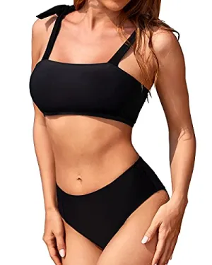 High Waisted Bikini Set With Bandeau Top And Cheeky Swim Bottoms For Women-Black