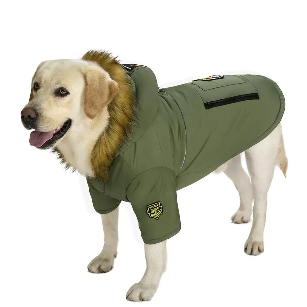 Hooded Dog Winter Warm Down Jacket Waterproof Fur Collar Dog Christmas Clothes With Badge Thicker Dog Accessories For Large Dogs