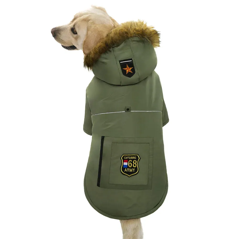 Hooded Dog Winter Warm Down Jacket Waterproof Fur Collar Dog Christmas Clothes With Badge Thicker Dog Accessories For Large Dogs