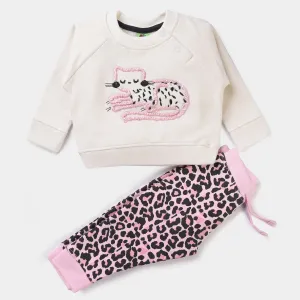 Infant Girls Fleece Knitted 2PC Suit Big Cat-A. White