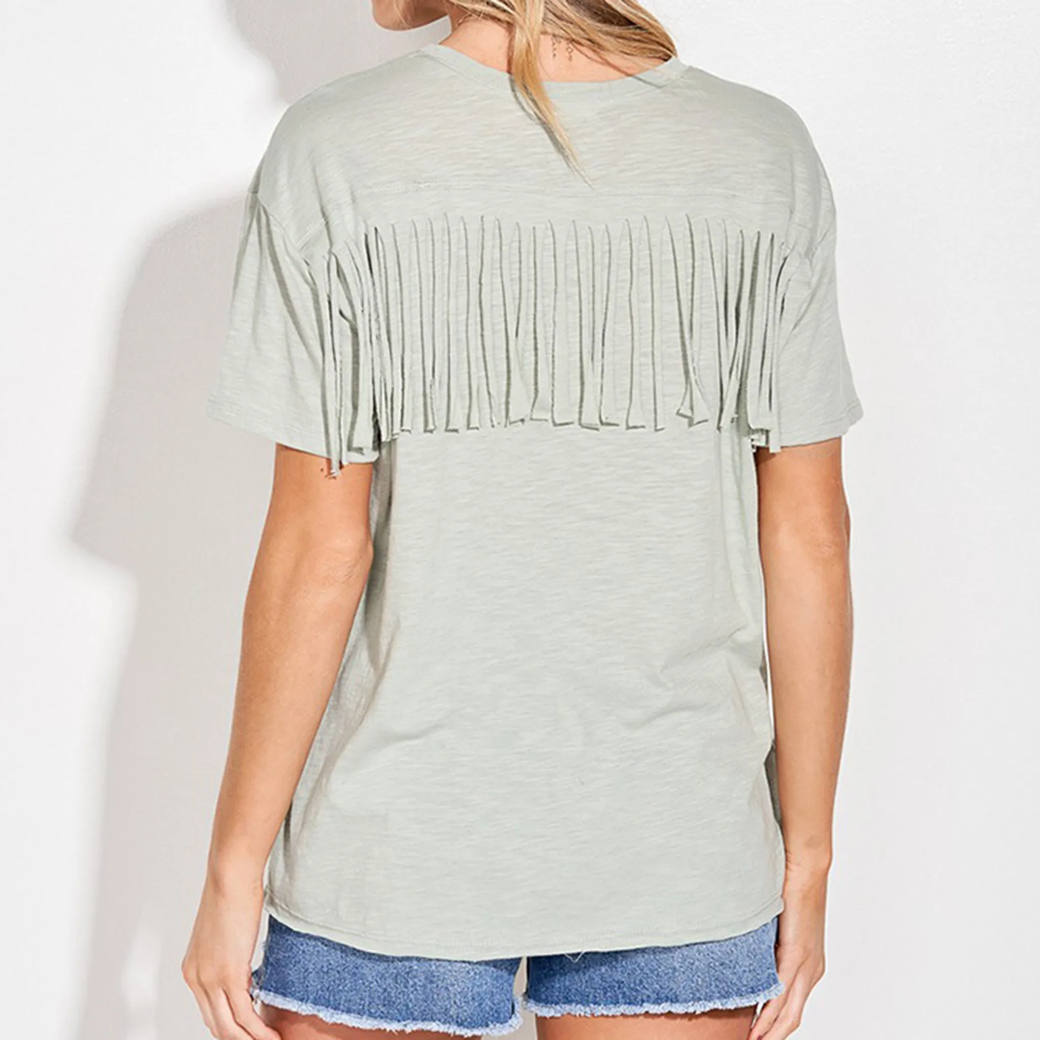 Lightning & Fringe Back Short Sleeve Top