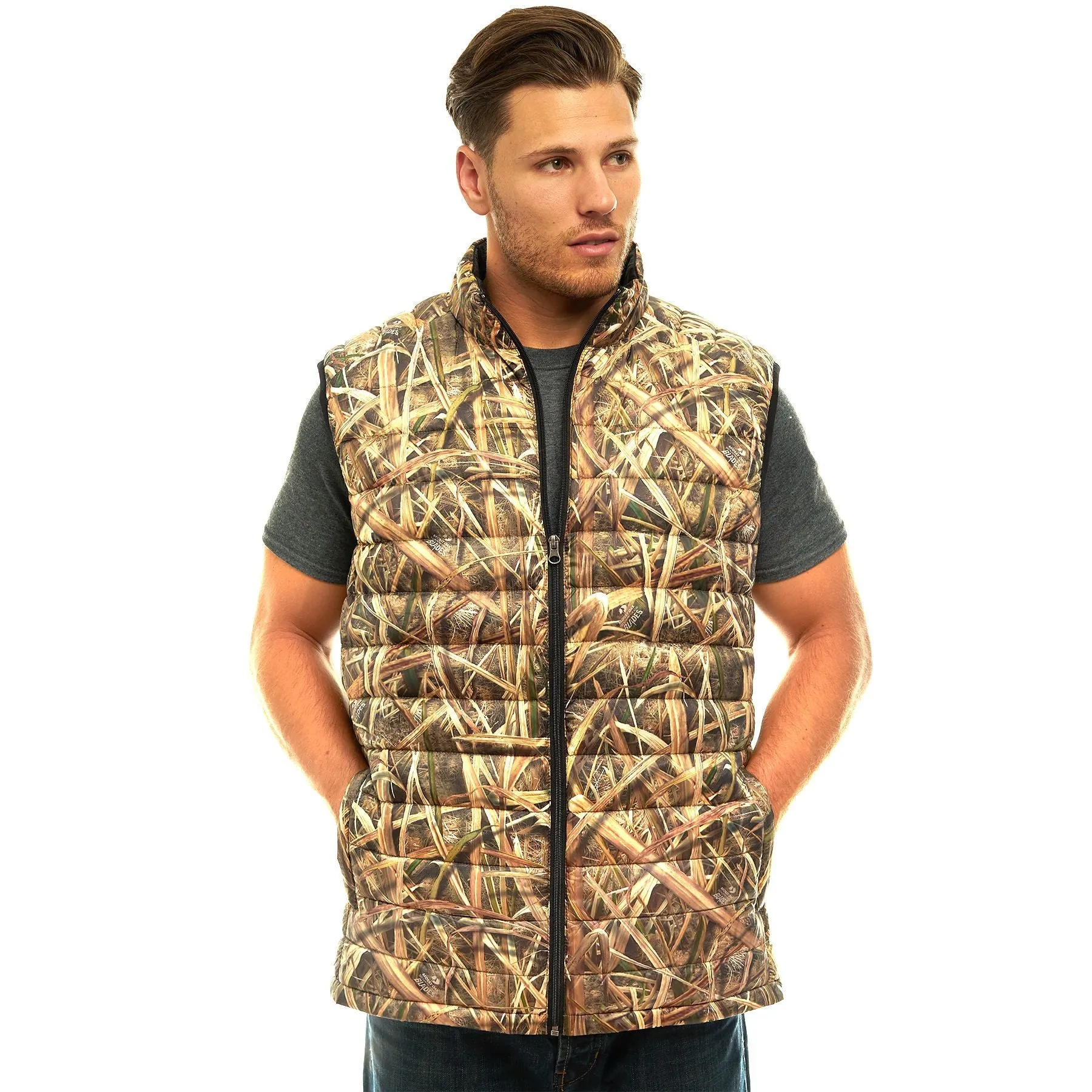 Men's Mossy Oak Down Puffer Vest Shadow Grass Blades Camo