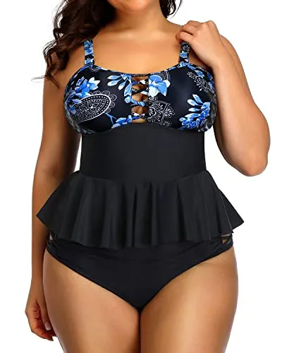 Peplum Tankini Tops Ruched Tummy Control For Women Plus Size Bathing Suits-Blue Paisley