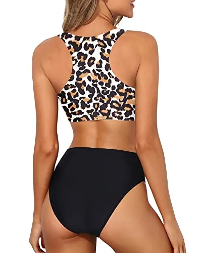 Racerback High Waisted Two Piece Bikini Set For Women With Long Torsos-Black And Leopard