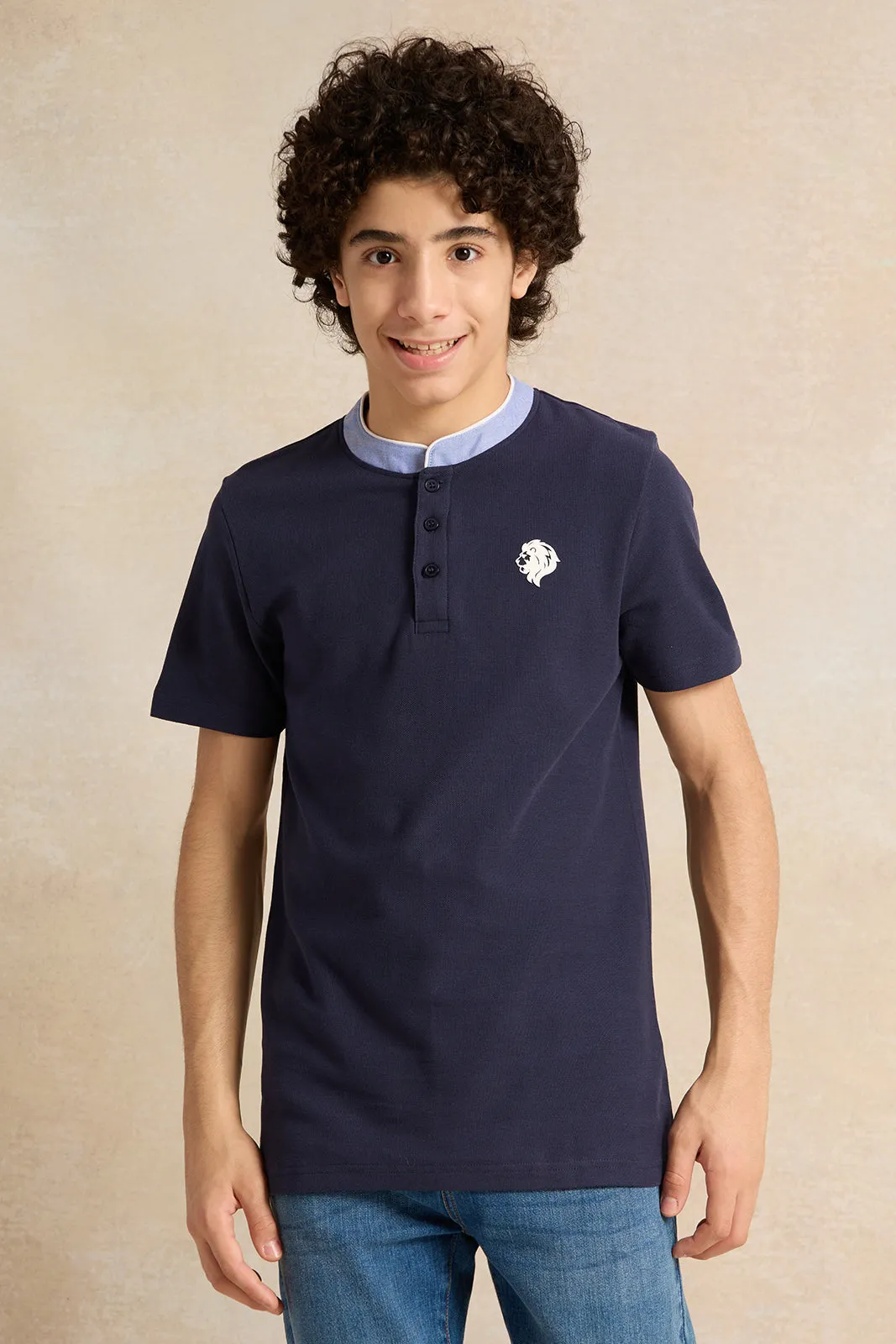 Senior Boys Navy Mandarin Collar Polo T-Shirt