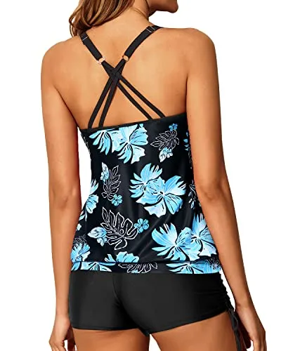 Slimming Adjustable Shoulder Straps Blouson Tankini Bathing Suits-Black Blue Floral