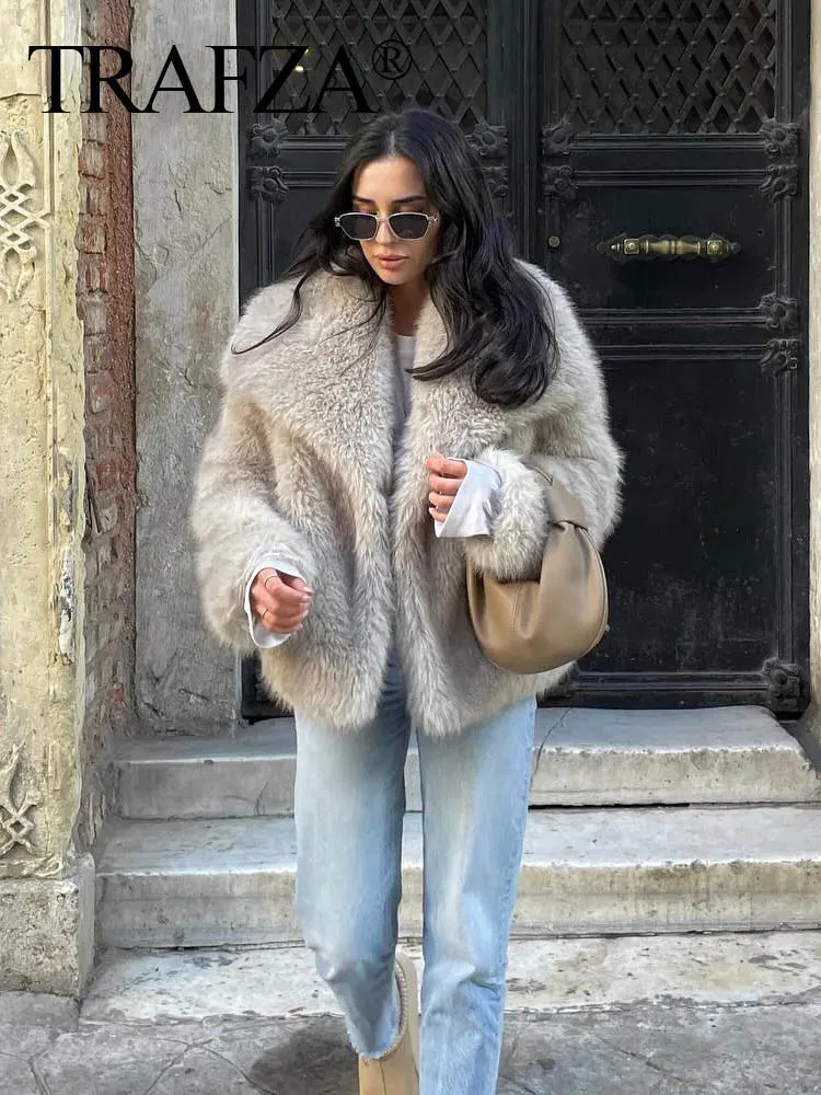 TRAF 2025 Women Fashion Cropped Faux Fur Jacket Coat Long Sleeve Front Snap-button Female Outerwear Chic Lapel Collar Thick Coat