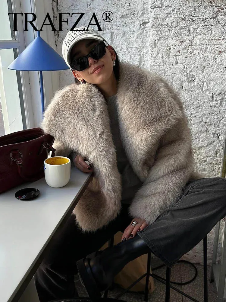 TRAF 2025 Women Fashion Cropped Faux Fur Jacket Coat Long Sleeve Front Snap-button Female Outerwear Chic Lapel Collar Thick Coat