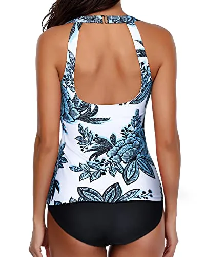 Tummy Control Slimming Tankinis For Women-White And Blue Floral