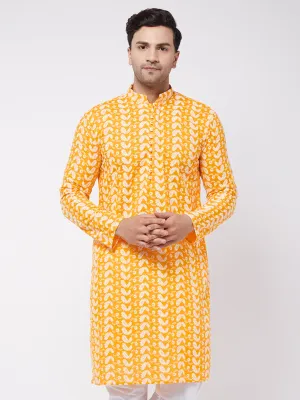 Vastramay Men's Orange Pure Cotton Chikankari Kurta