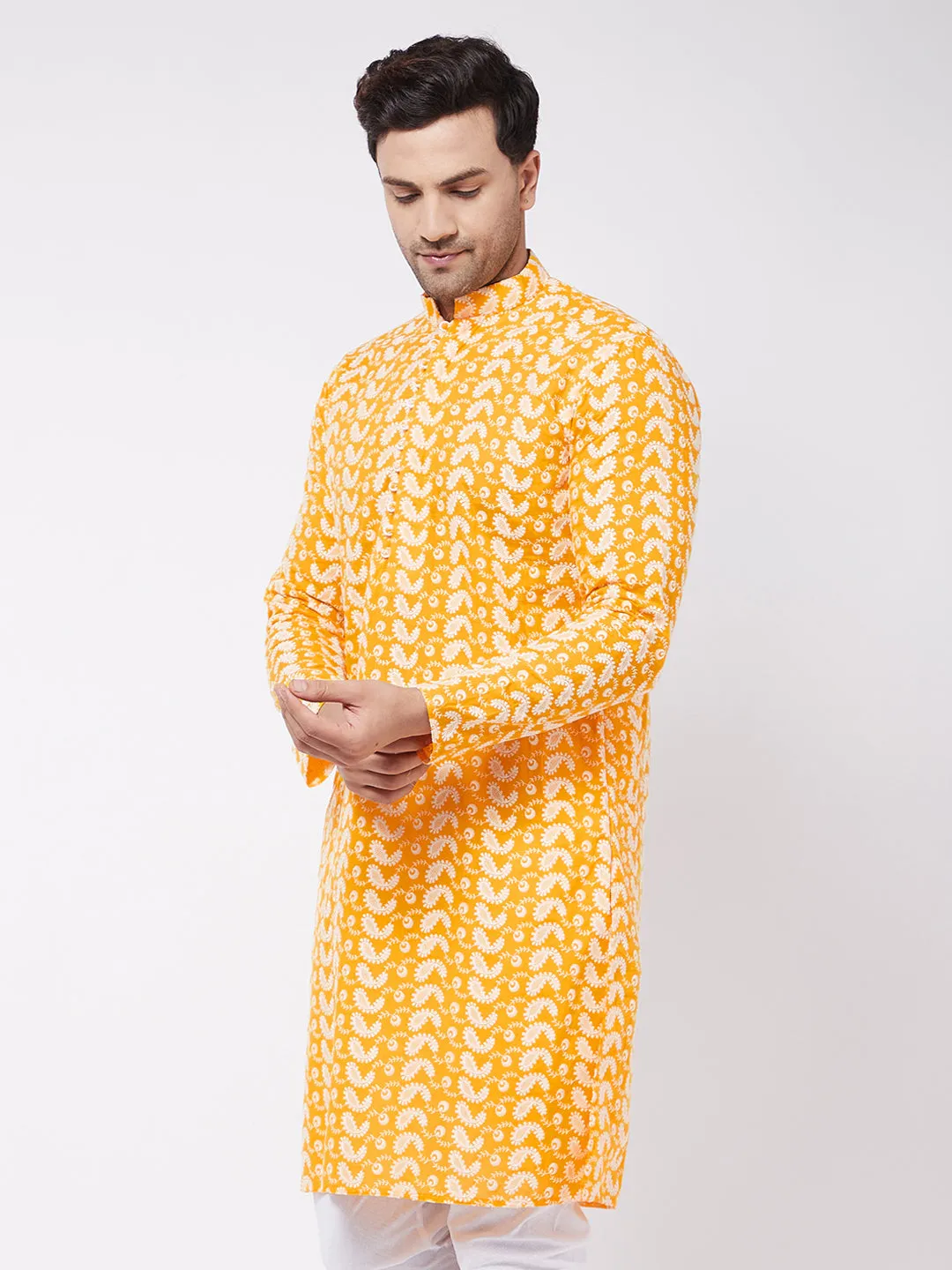 Vastramay Men's Orange Pure Cotton Chikankari Kurta