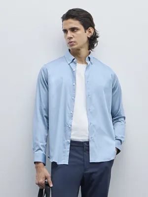 WES Formals Blue Slim-Fit Cotton Blend Shirt