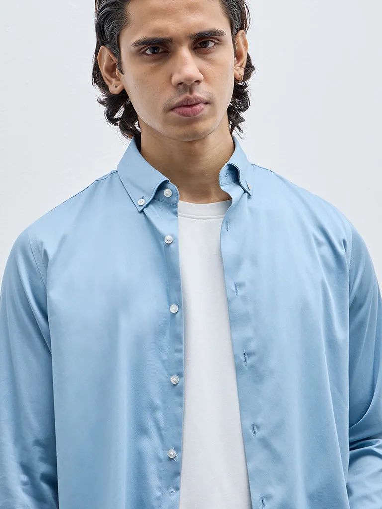 WES Formals Blue Slim-Fit Cotton Blend Shirt