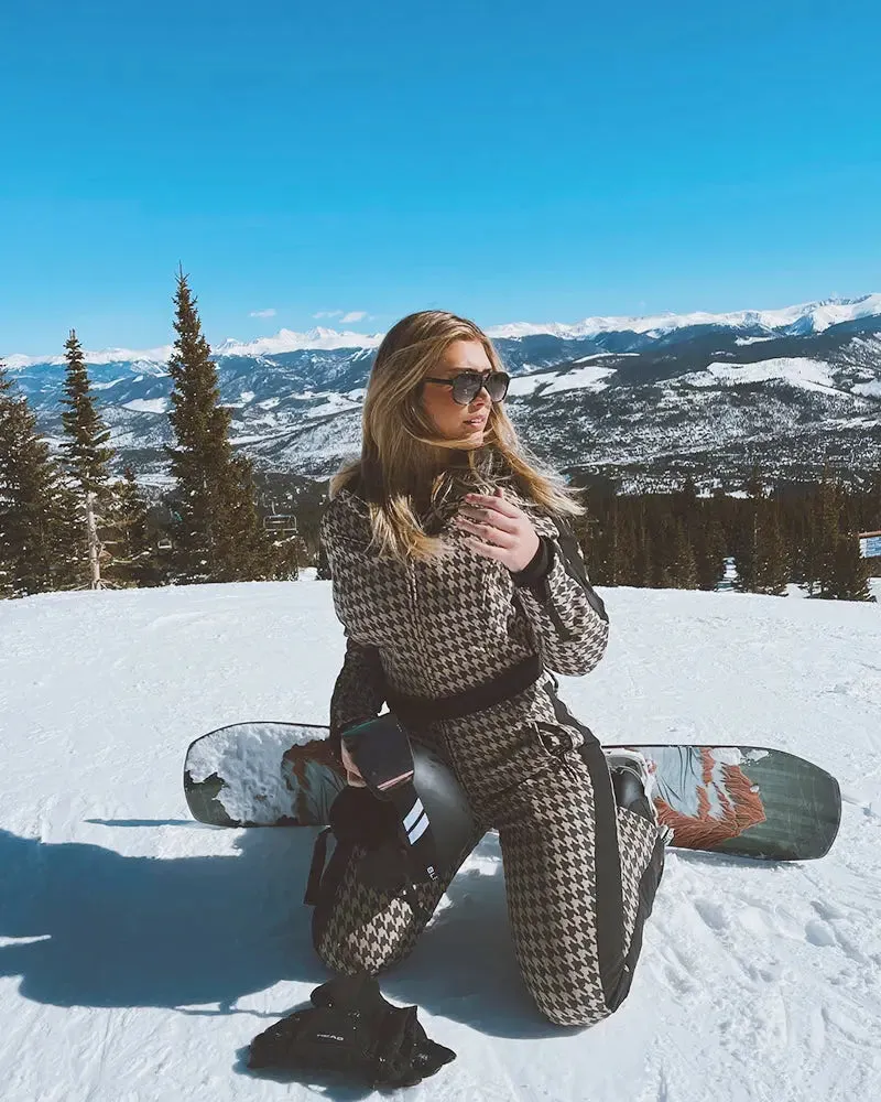 Women Chic One-piece Ski Jumpsuits Houndstooth Snow Outfits 