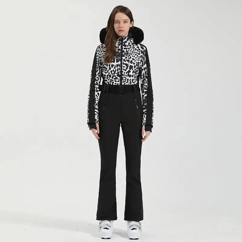 Women Chic One-piece Ski Jumpsuits Houndstooth Snow Outfits 