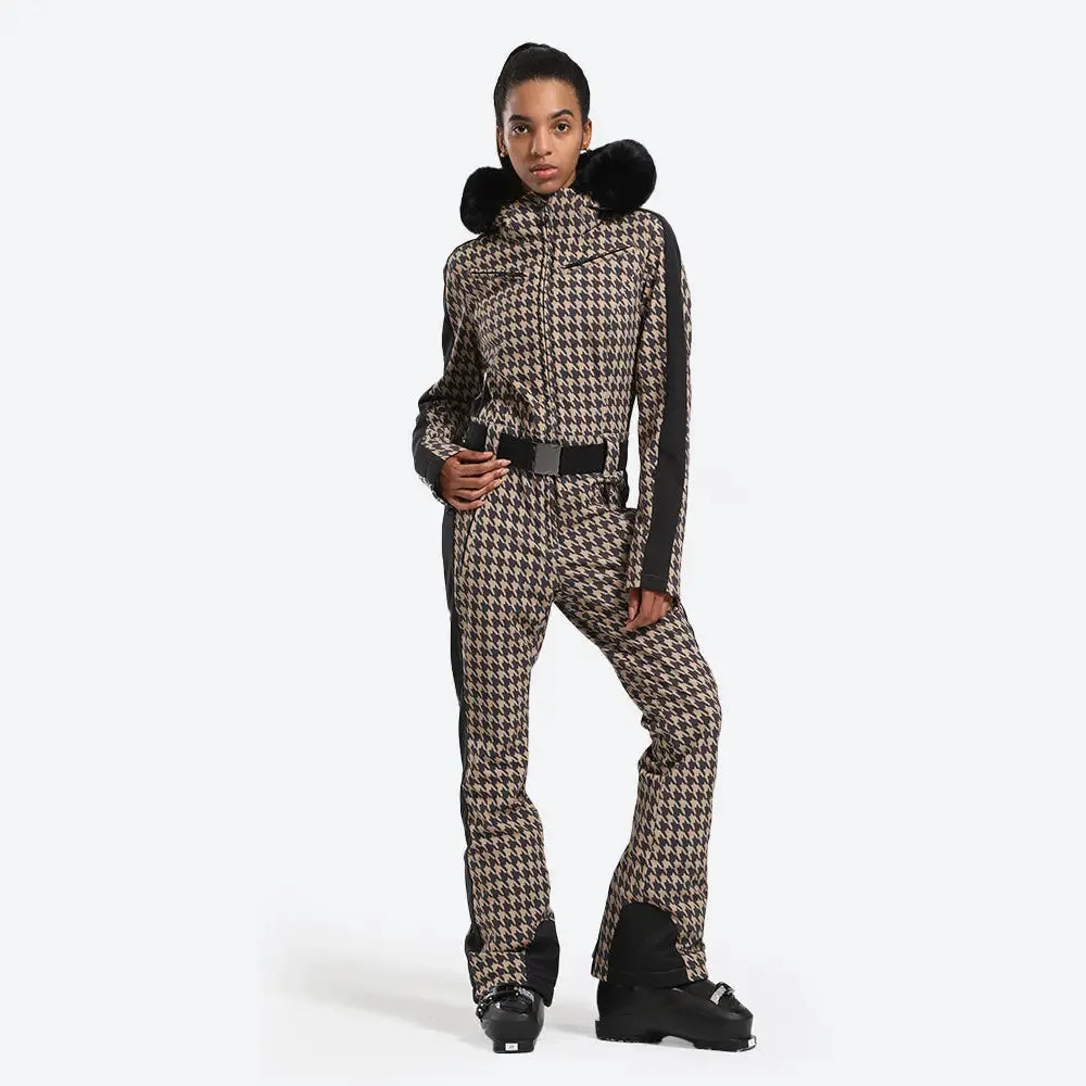 Women Chic One-piece Ski Jumpsuits Houndstooth Snow Outfits 